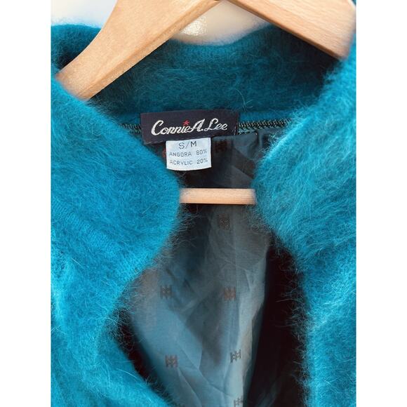 Fuzzy 80% Angora Sweater CONNIE A. LEE Green Cardigan S/M VTG Coquette - Picture 2 of 5